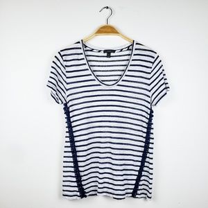 J. Crew Navy & White Striped Linen Pom Pom Top